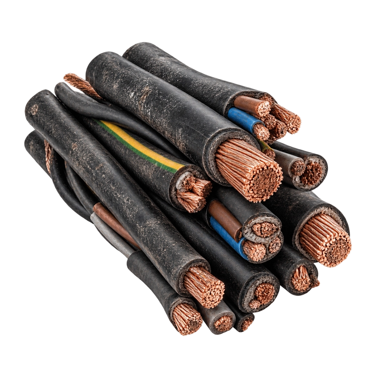 Kabelreste mit freiliegenden Kupferadern – Kabelschrott für die Rohstoffrückgewinnung bei TITAN EUROPE.